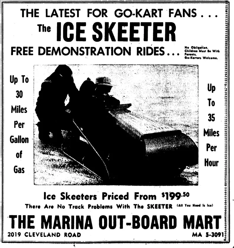 Newspaper advertisement from December 21, 1960: The Ice Skeeter, free demonstration rides, priced from $199.50, up to 35 miles per hour, at The Marina Out-Board Mart