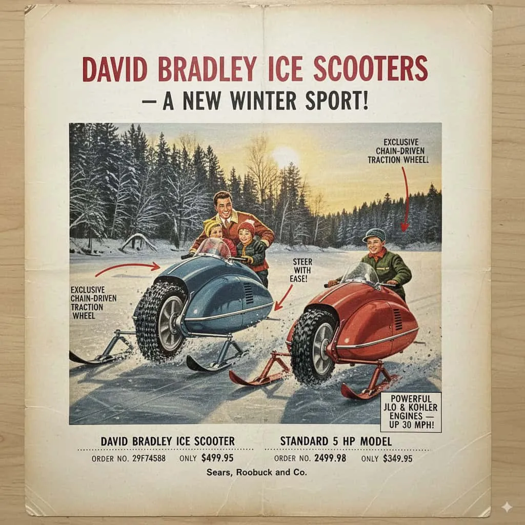 Side view of the Ice Skeeter showing its chained center-wheel drive