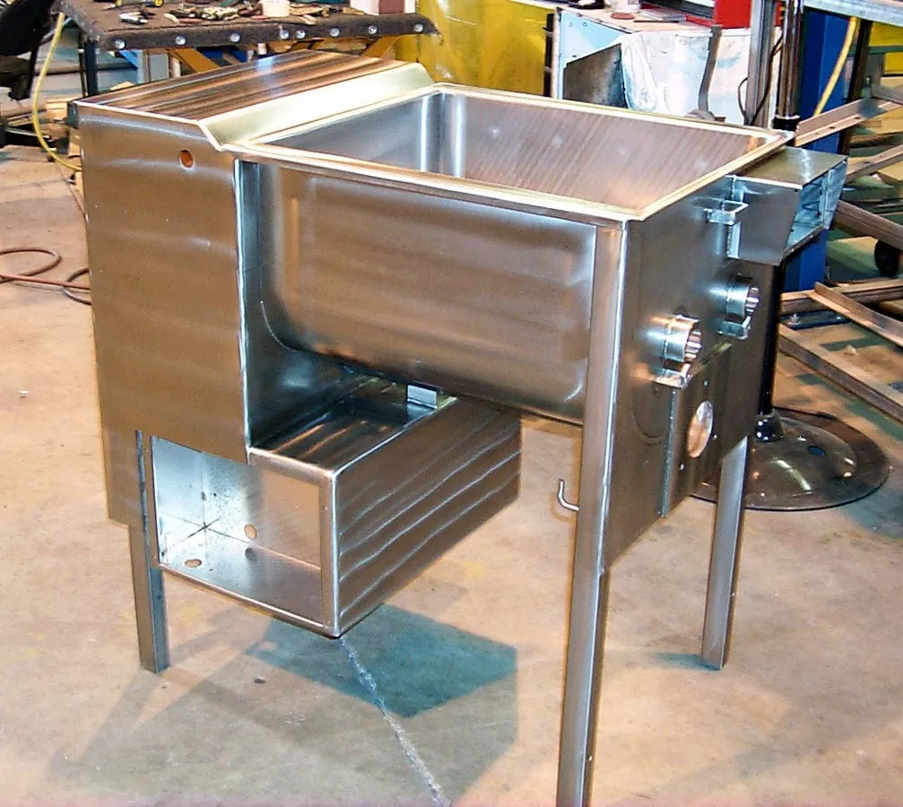 Stainless steel grinding tub and hopper fabricated for food processing equipment