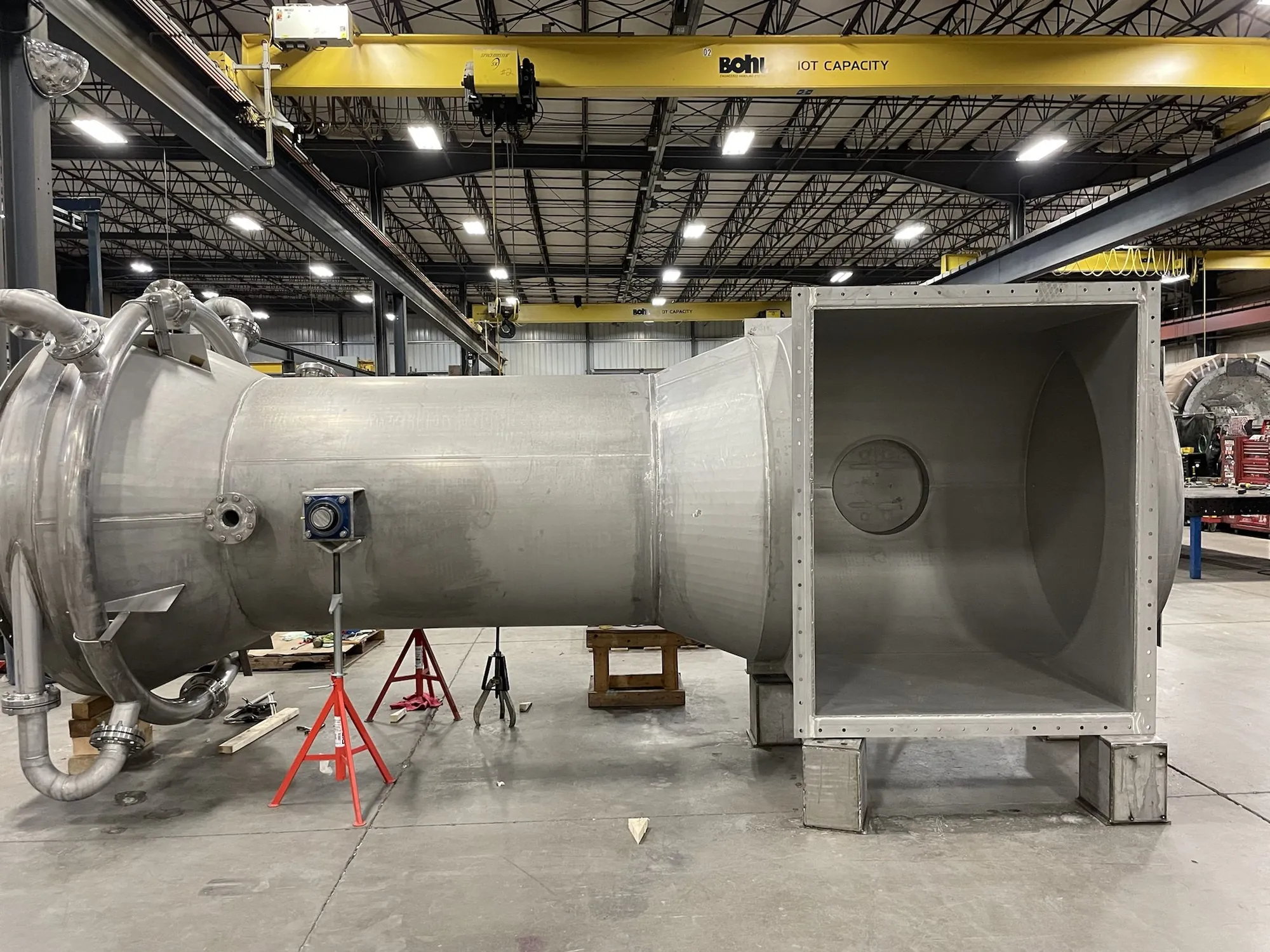 Horizontal stainless steel process vessel with square transition duct during fabrication
