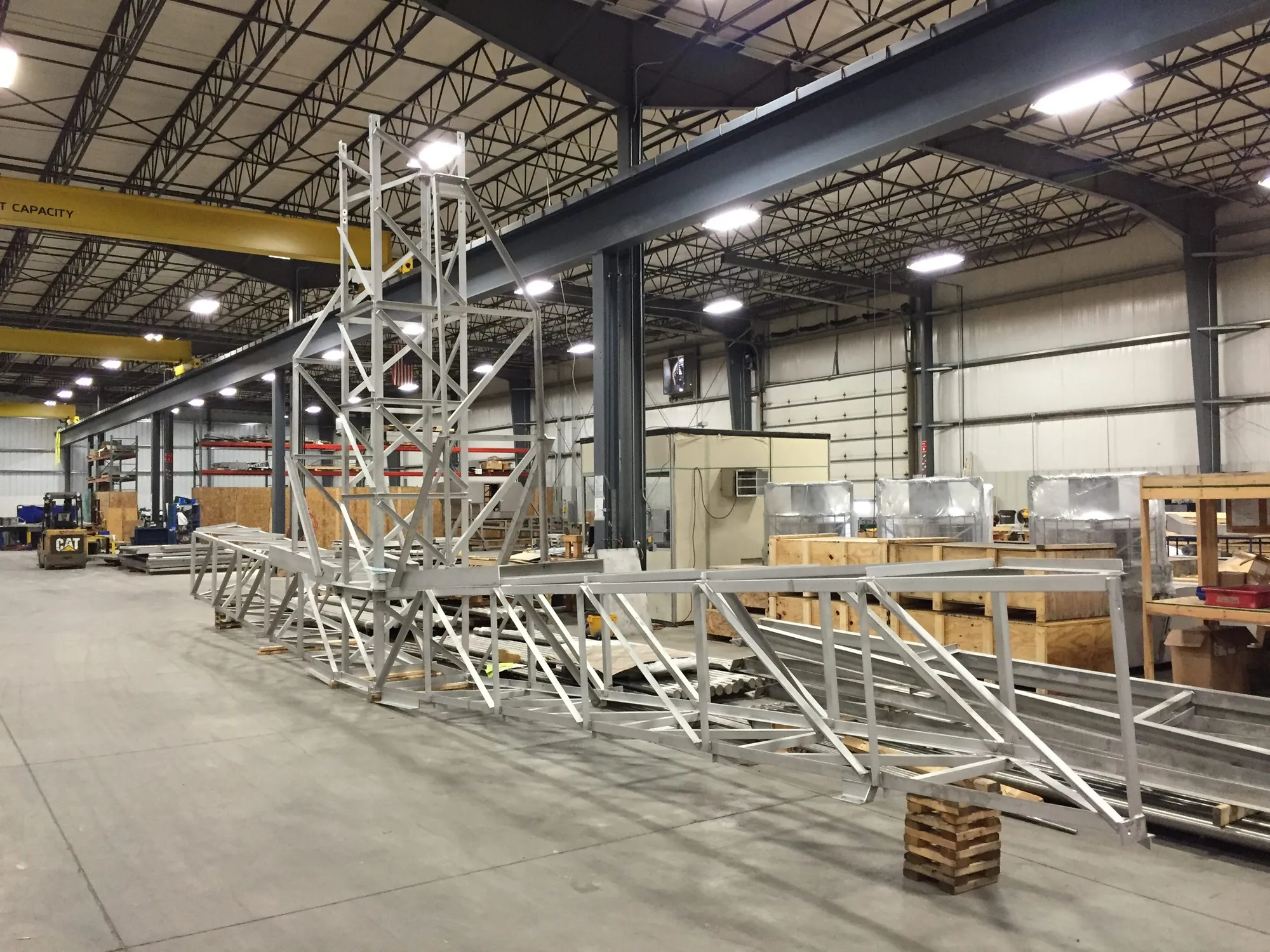 Aluminum access catwalk structure during trial-fit in the Northern Manufacturing fabrication bay
