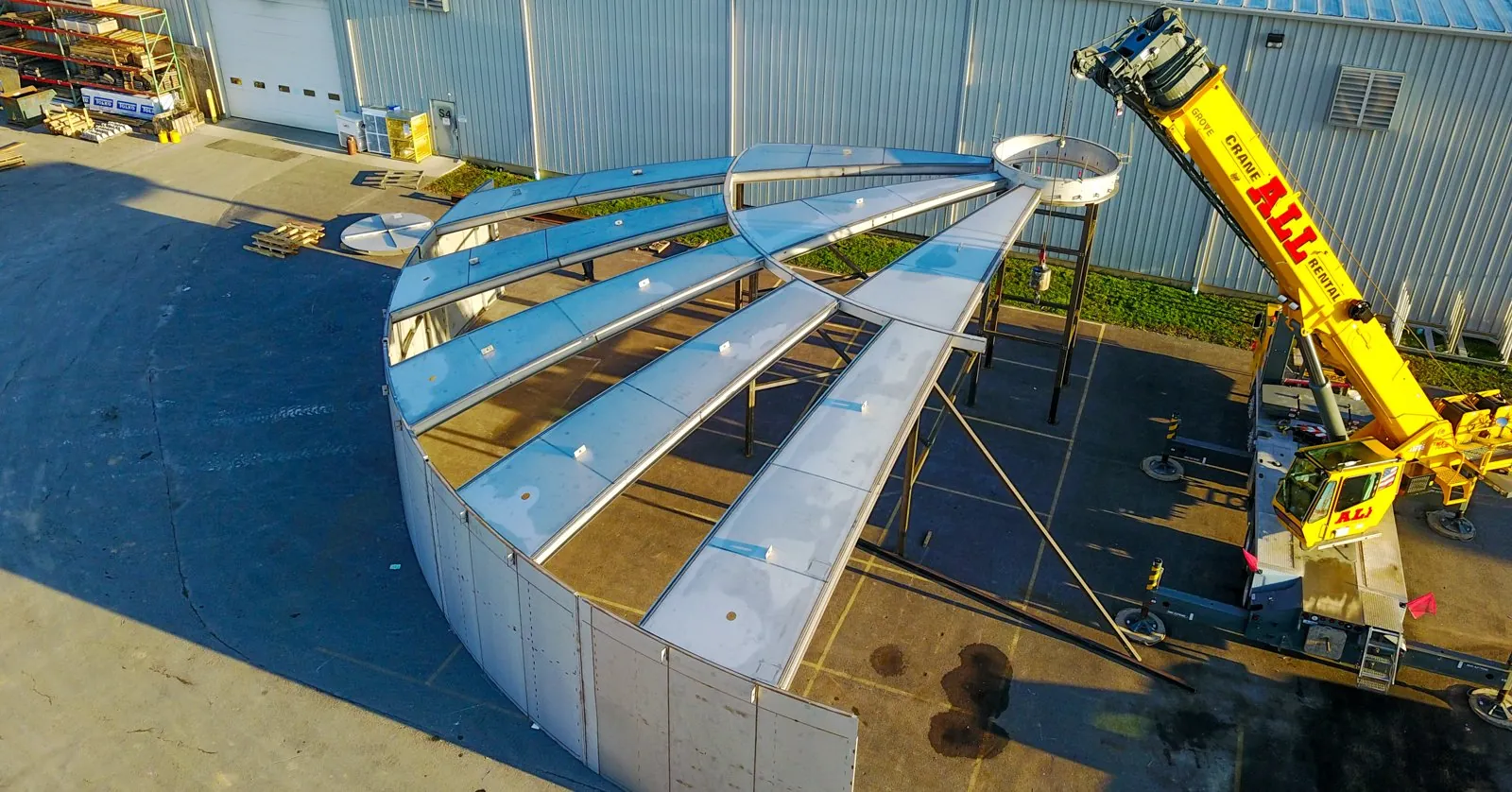 wastewater digester cover trial-fit in the yard at Northern