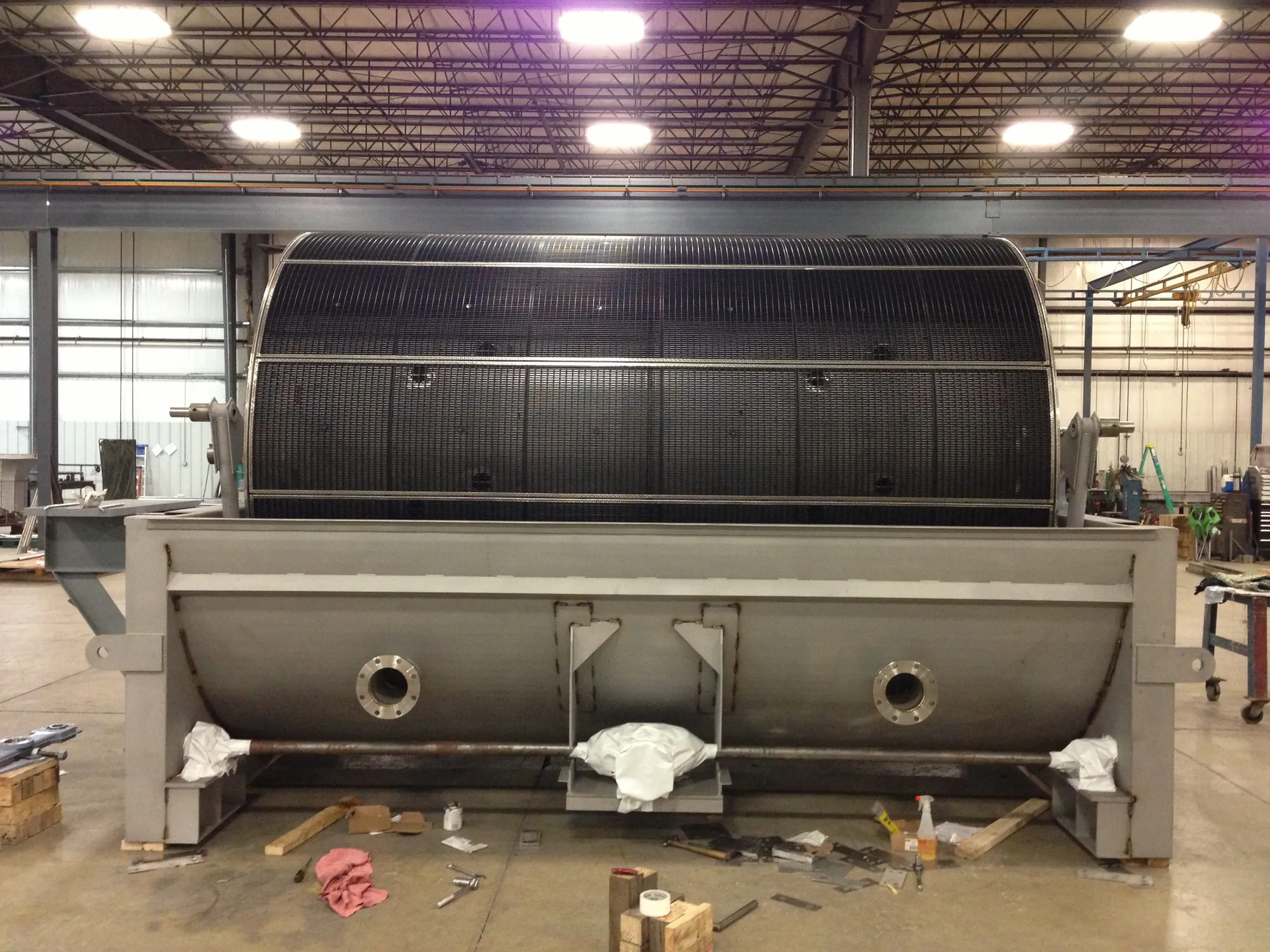 Rotary drum screen and stainless steel housing during fabrication