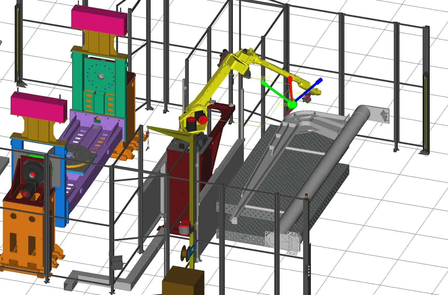 Offline robotic welding simulation showing a robot arm, part fixture, and safety fencing in the virtual cell environment