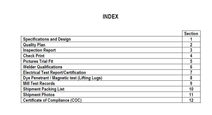 Index page from one project's quality records, listing sections from specifications and welder qualifications through mill test records and the certificate of compliance
